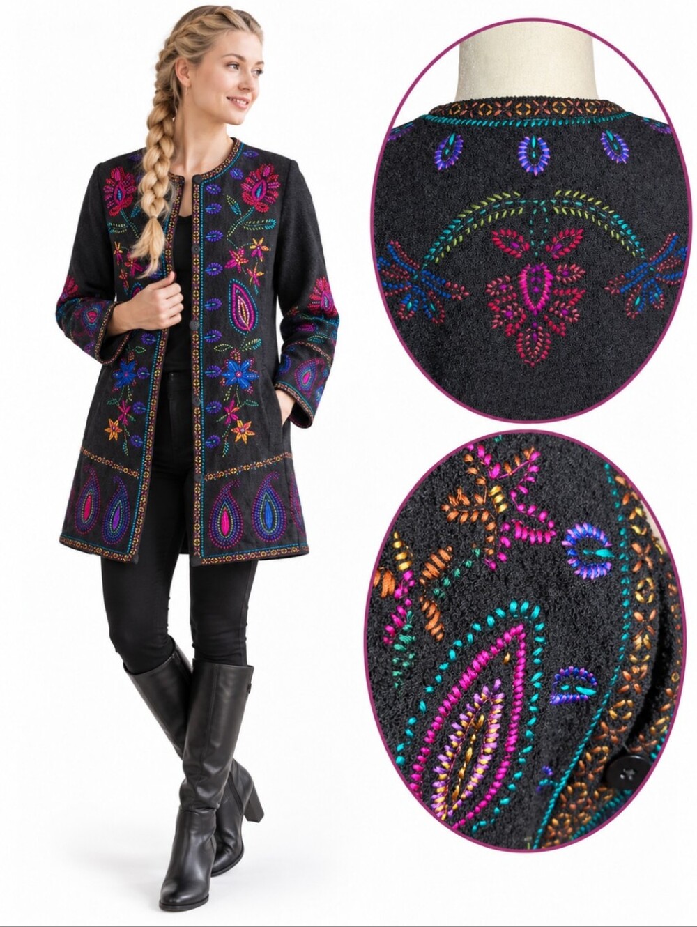 Linea Louis Dell Olio Boho Wool Boucle Art-to-Wear Fairy Embroidered Coat Sz S